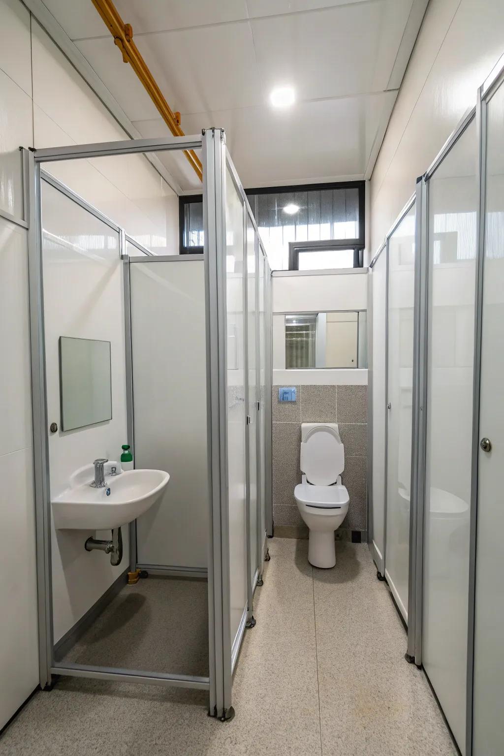 Crystal dividers maintaining a light, open feel in the small bathroom