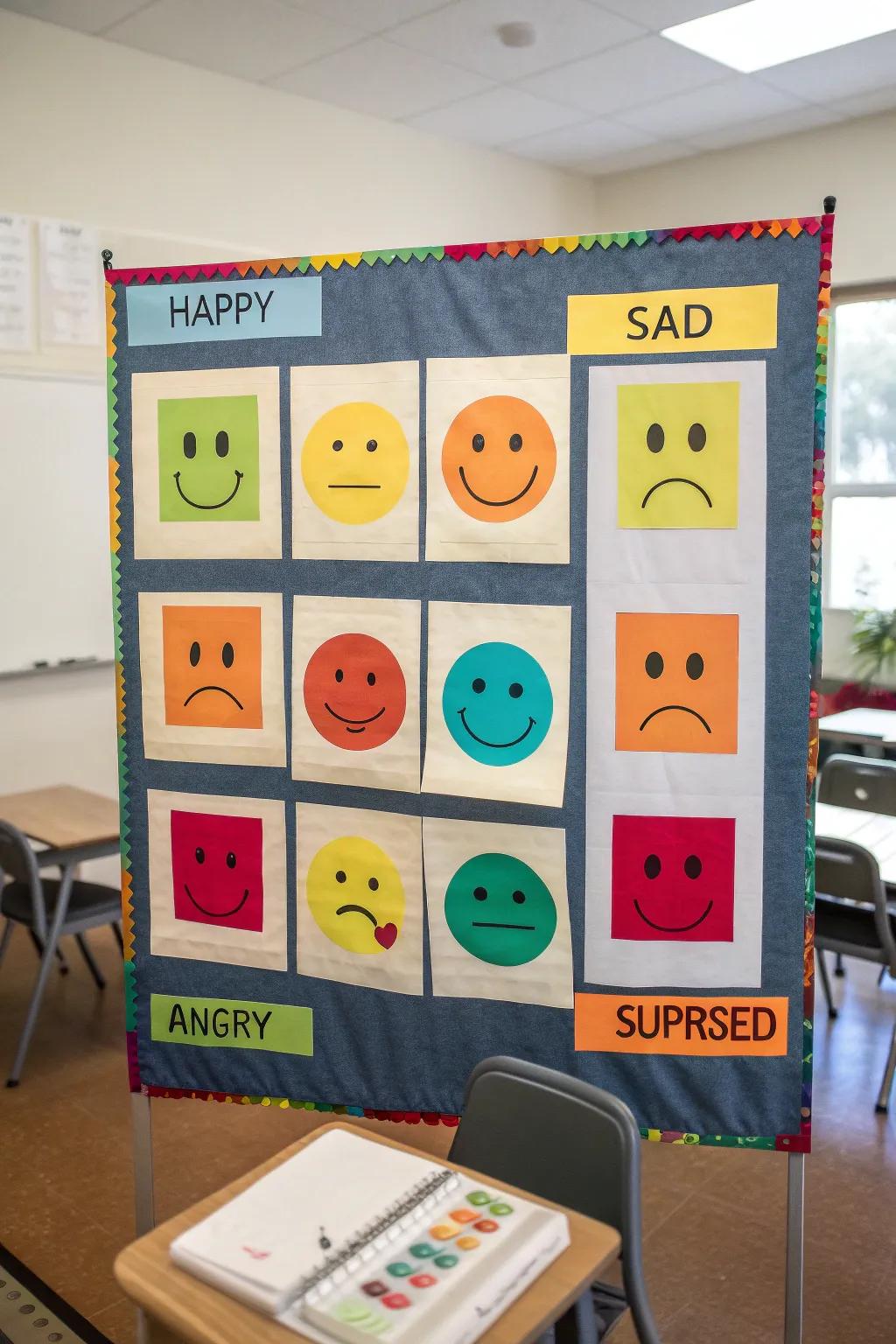 An emotions board featuring colorful faces and emotion words.