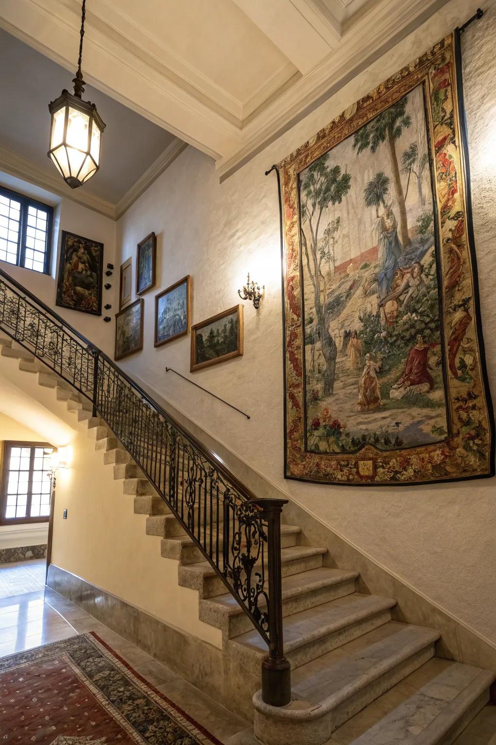 Tapestries impart both textural dimension and visual captivation to the apex of staircases.