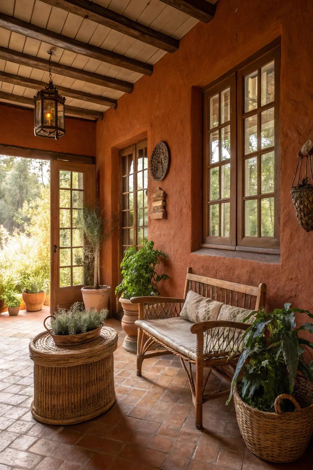 Earth clay walls infusing the sunroom with rich, earthly warmth.