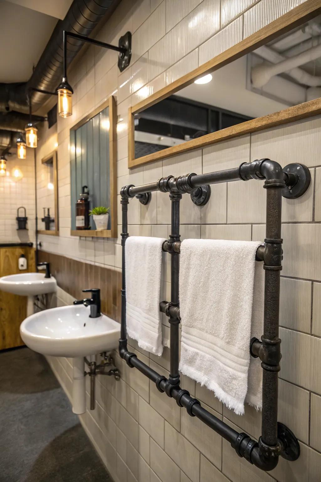 Industrial pipes bring a rugged charm to towel-hanging ideas.
