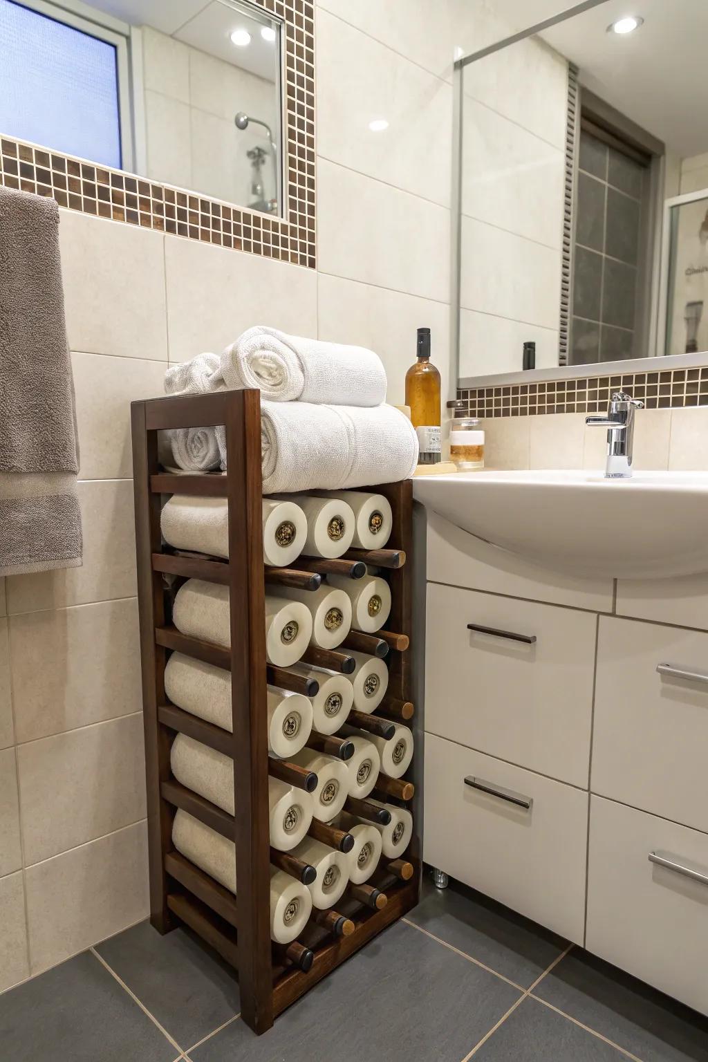 Add flair with a reused drink holder, turning towel storage into a talking point.
