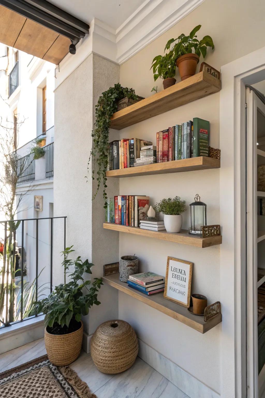 Hanging shelves displaying books and décor