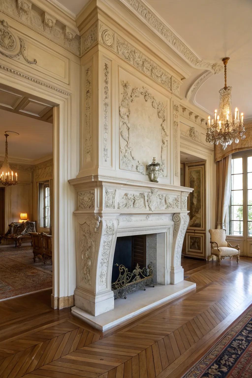 A hand-etched alabaster mantel exudes elegance.