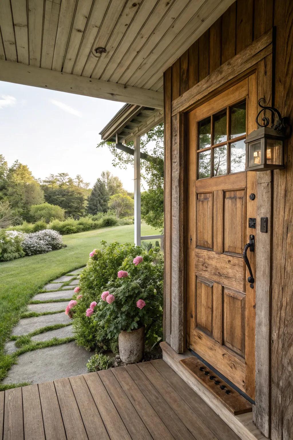 Homestead allure with rustic wood doors conveys comfort and coziness.