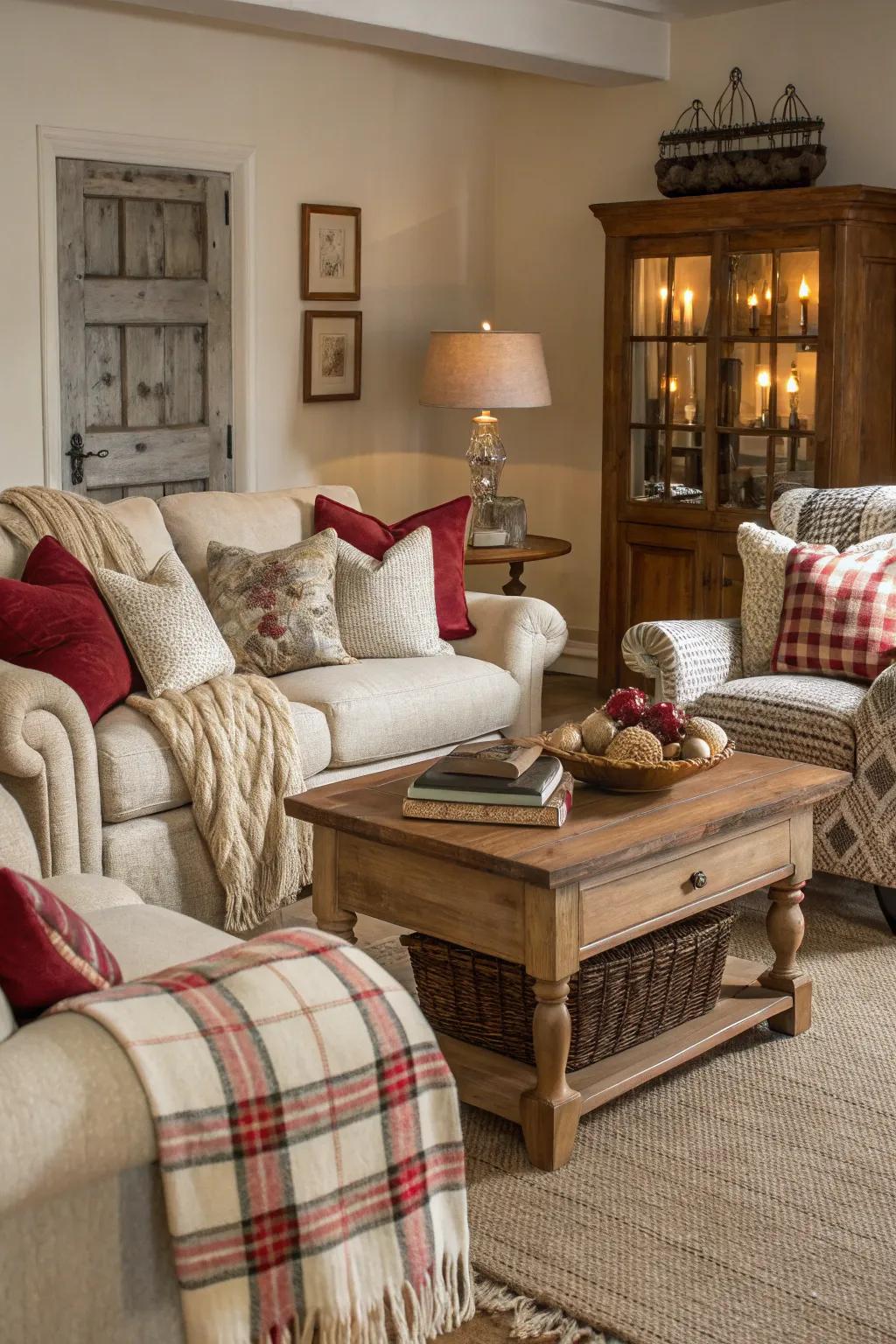 A snug, layered aesthetic invites relaxation in this traditional relaxation space.