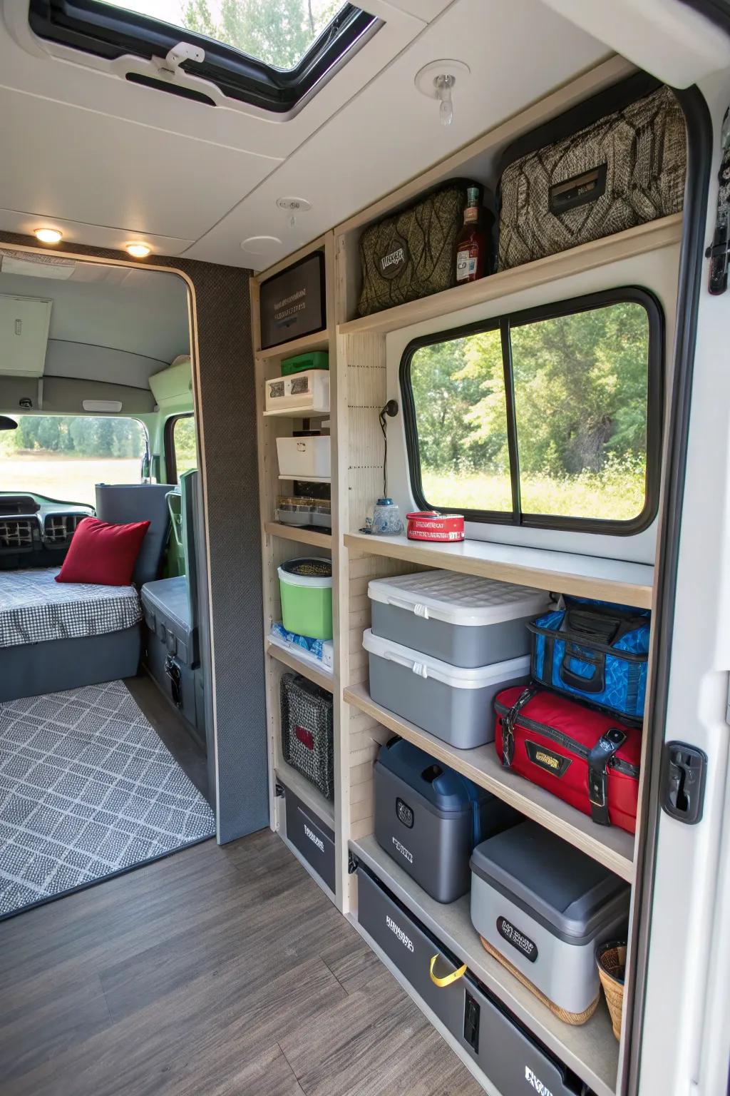 A camper utilizing inventive storage corners for an organized and stylish interior.