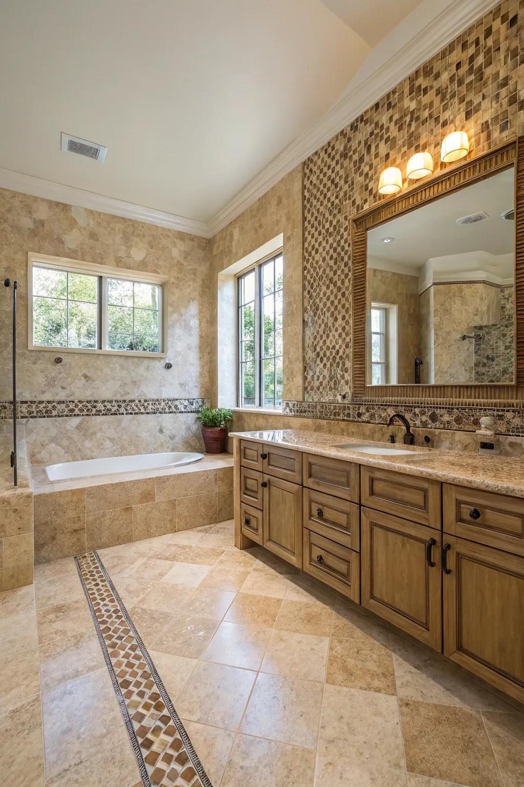 A travertine bathroom showcasing a beautiful mosaic tile feature wall.