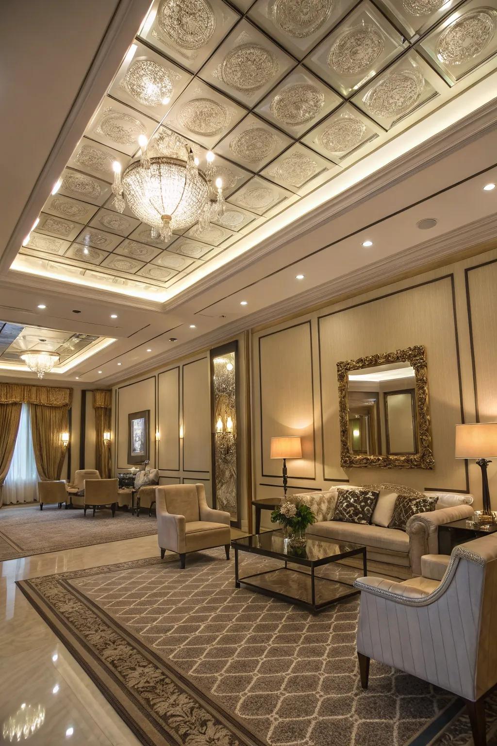 An elegant room showcasing a tray ceiling with mirrored panels.