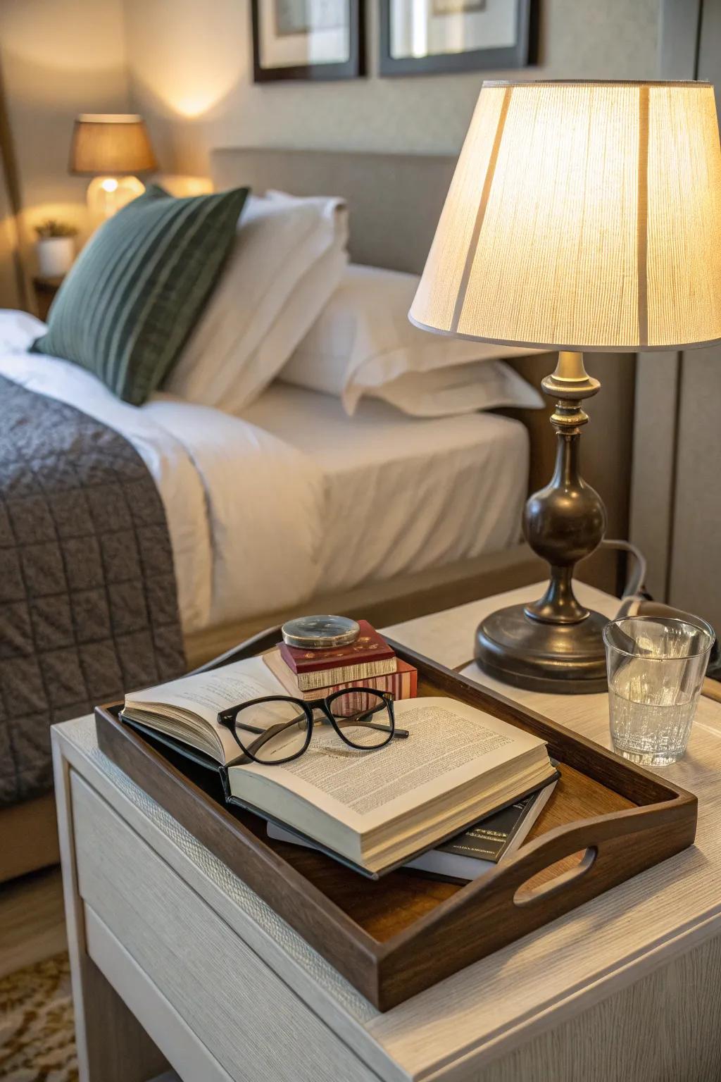 A snug bedroom bedside station featuring a stylish tray.