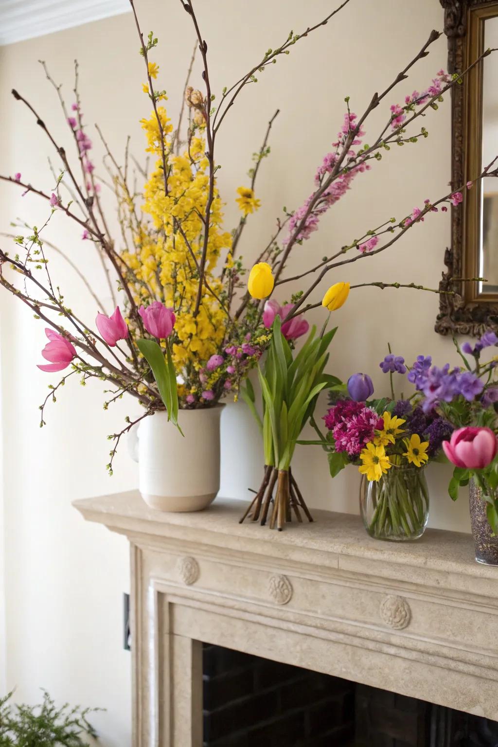 Seasonal branch arrangement filled with spring blossoms.