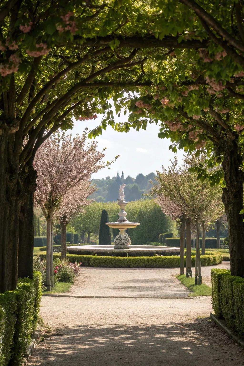 Highlight garden elements by framing them with trees.
