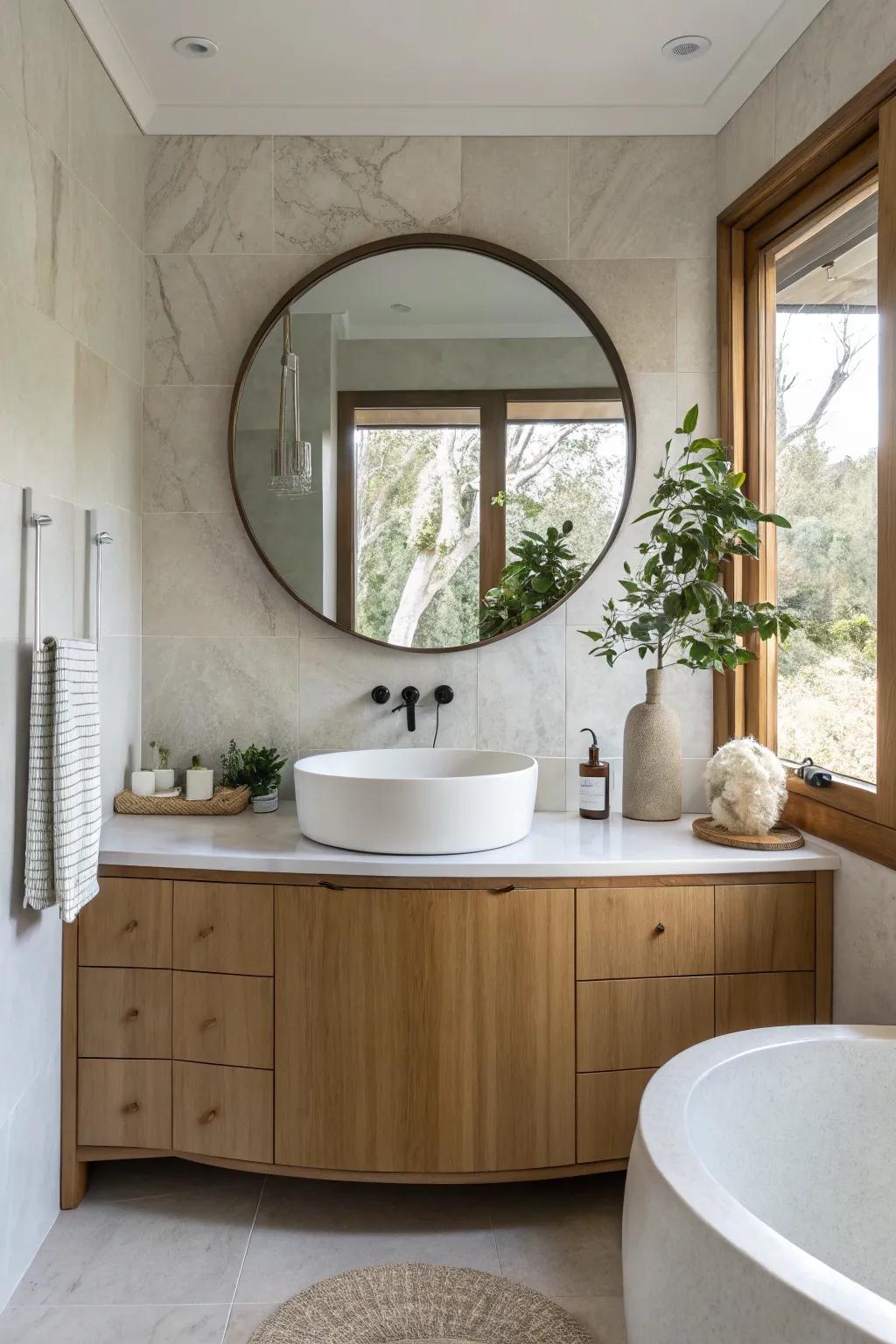 A modern bathroom showcasing a round vanity for a soft, inviting aesthetic.