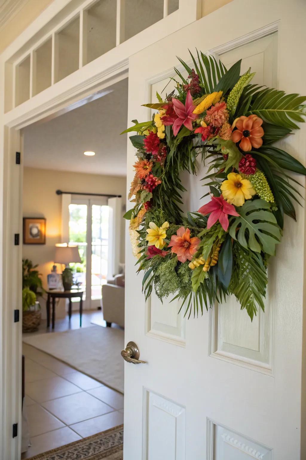 A tropical chaplet adds a welcoming splash of color to your door.