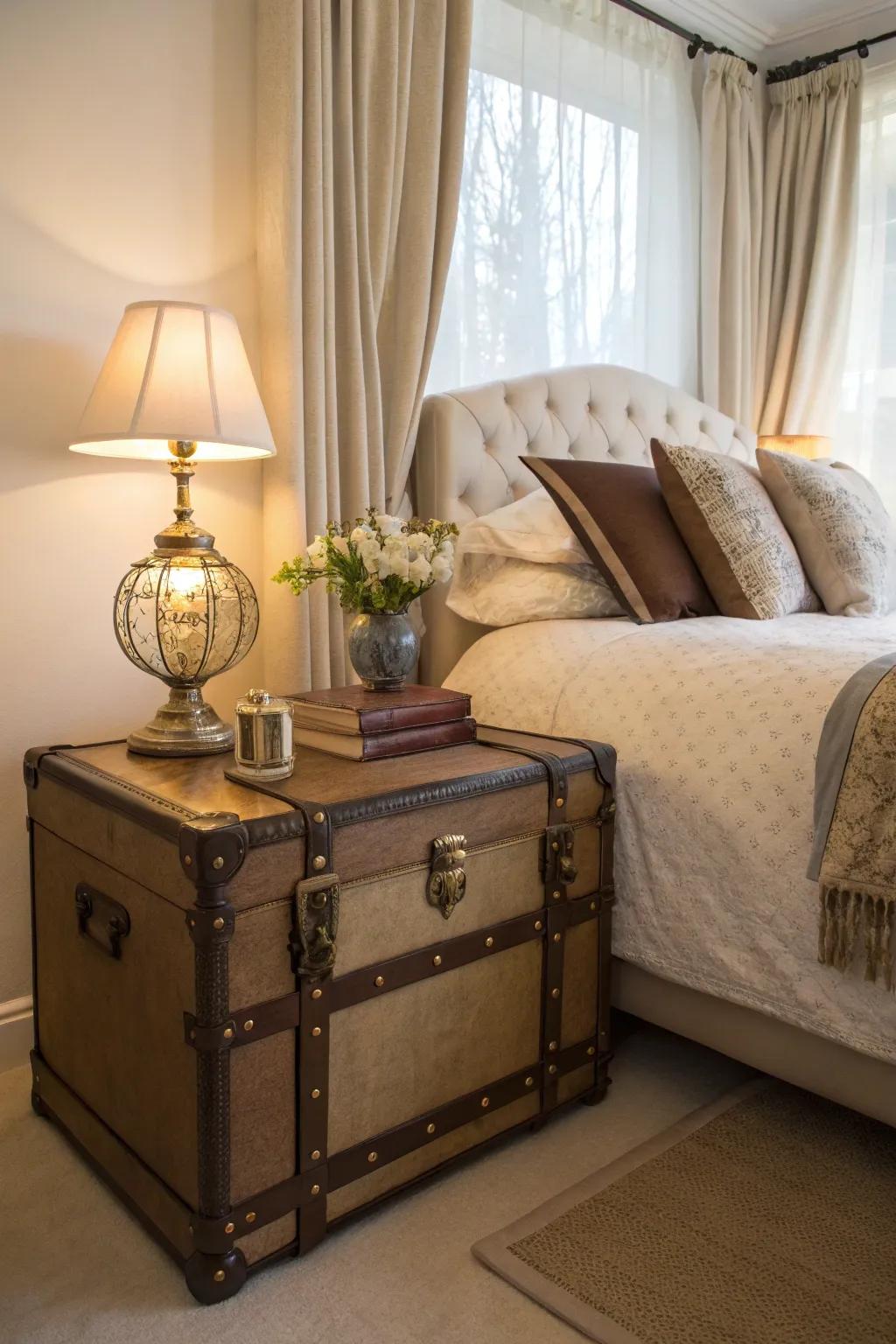 A trunk cleverly doubling as a bedside table, offering both style and storage convenience.