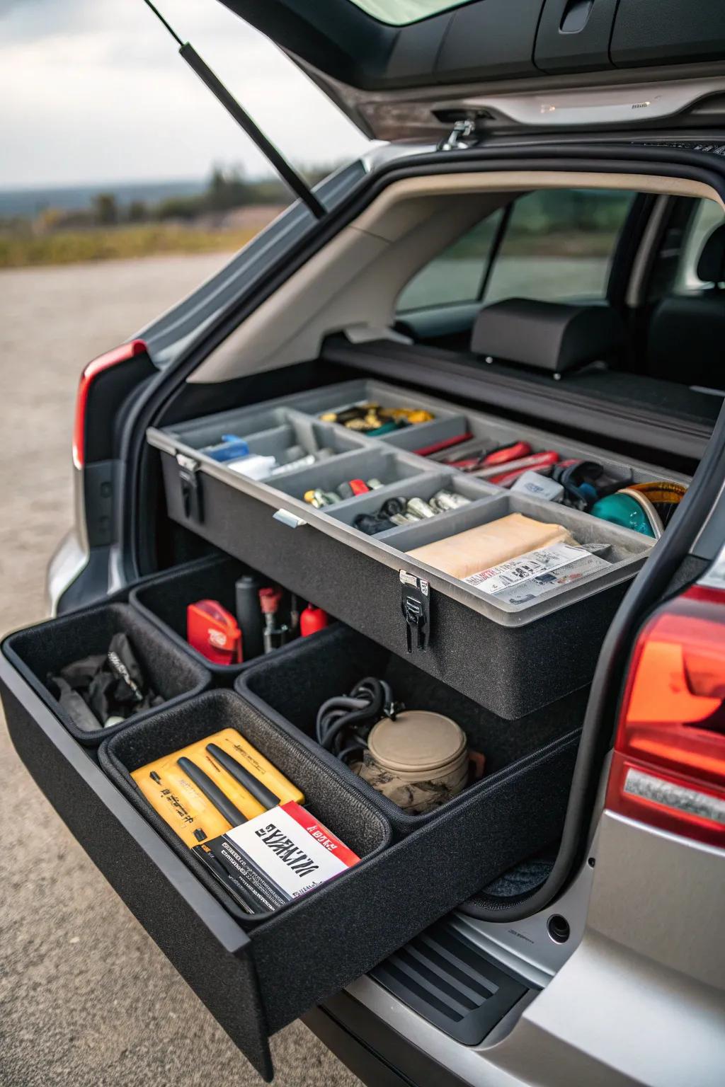 Modular drawer systems for arranging small items in the trunk.
