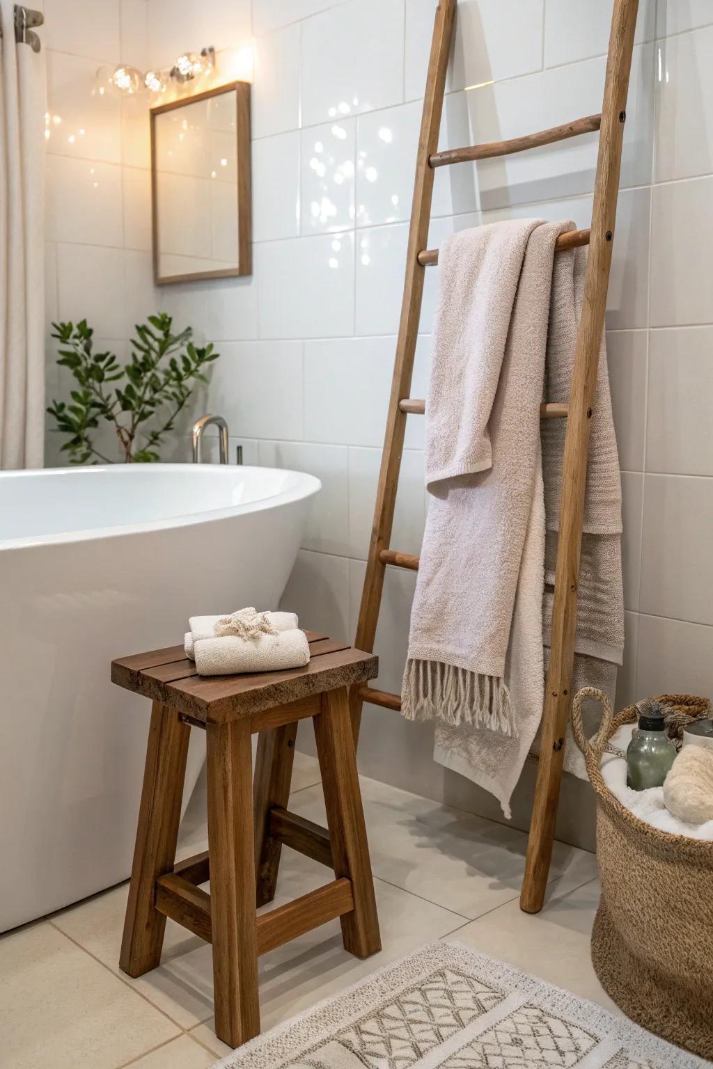 Practical additions like stools and cloth racks augment comfort surrounding the tub.
