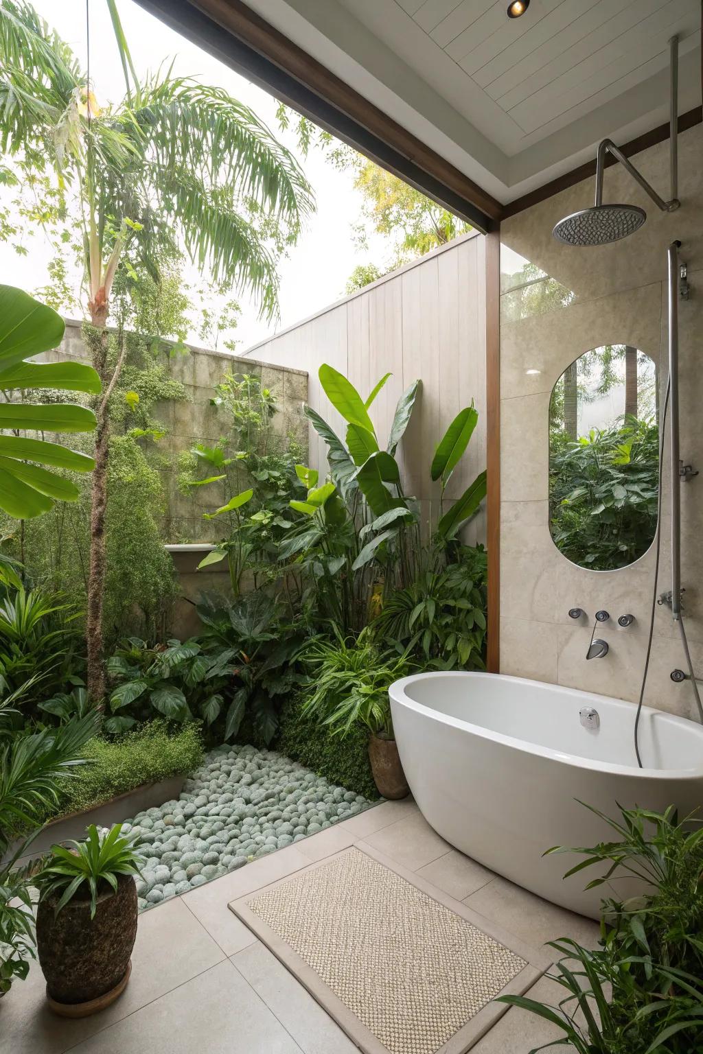 Greenery introduces a refreshing, natural vibe to the tub-in-shower setup.