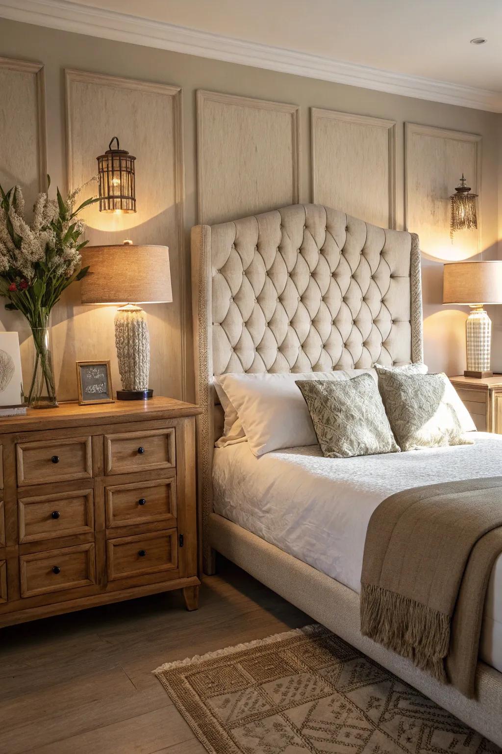 A cozy bedroom features a linen tufted headboard.