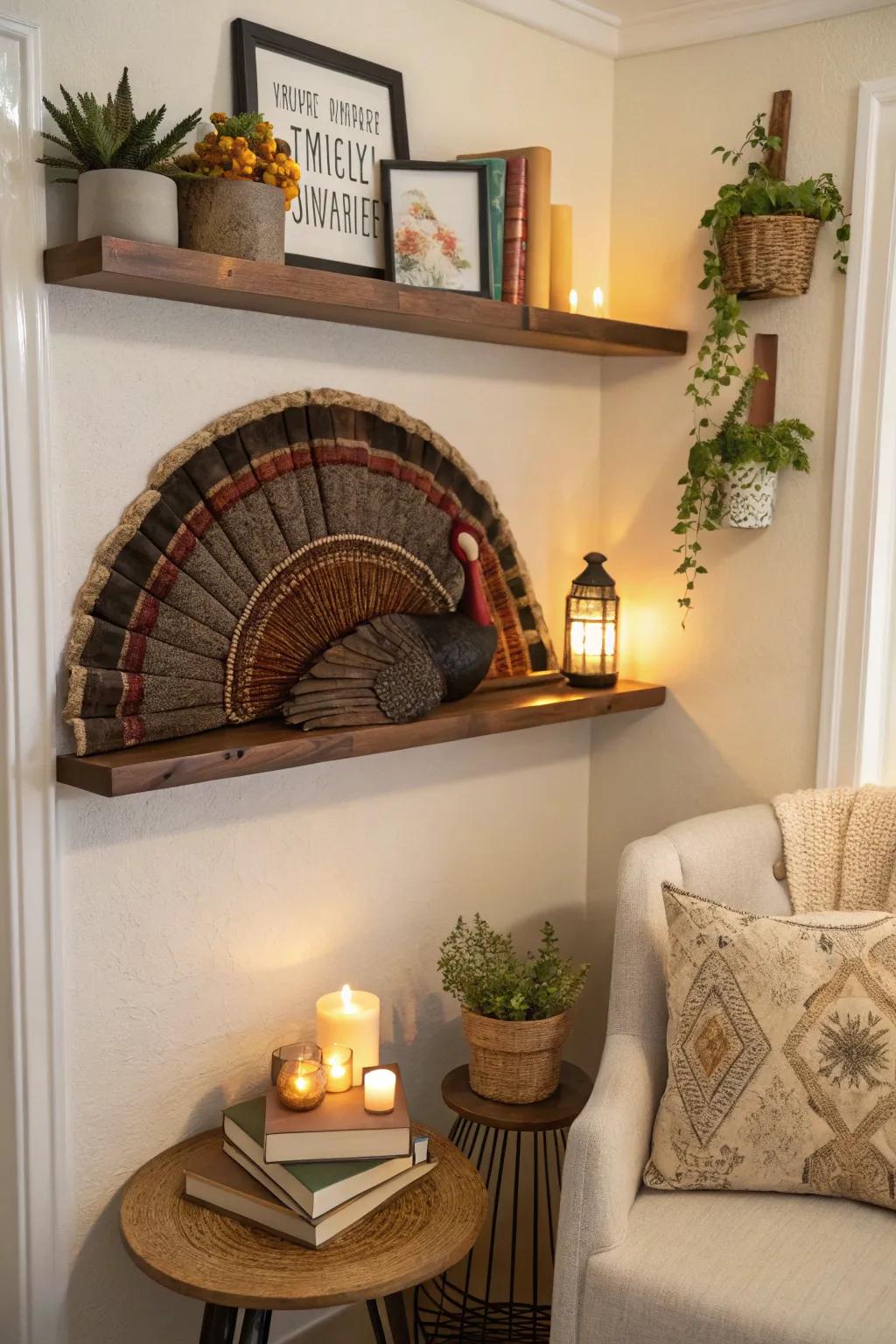 A wall hanger sets the stage for a vibrant turkey fan display.