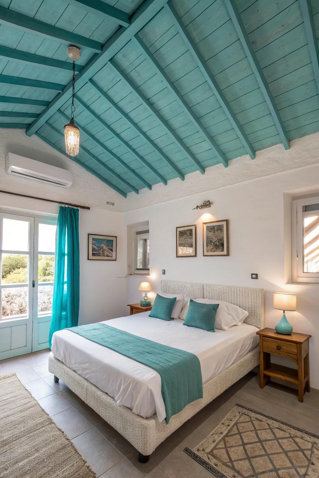 A turquoise ceiling lends a surprising and delightful dimension to this bedroom.