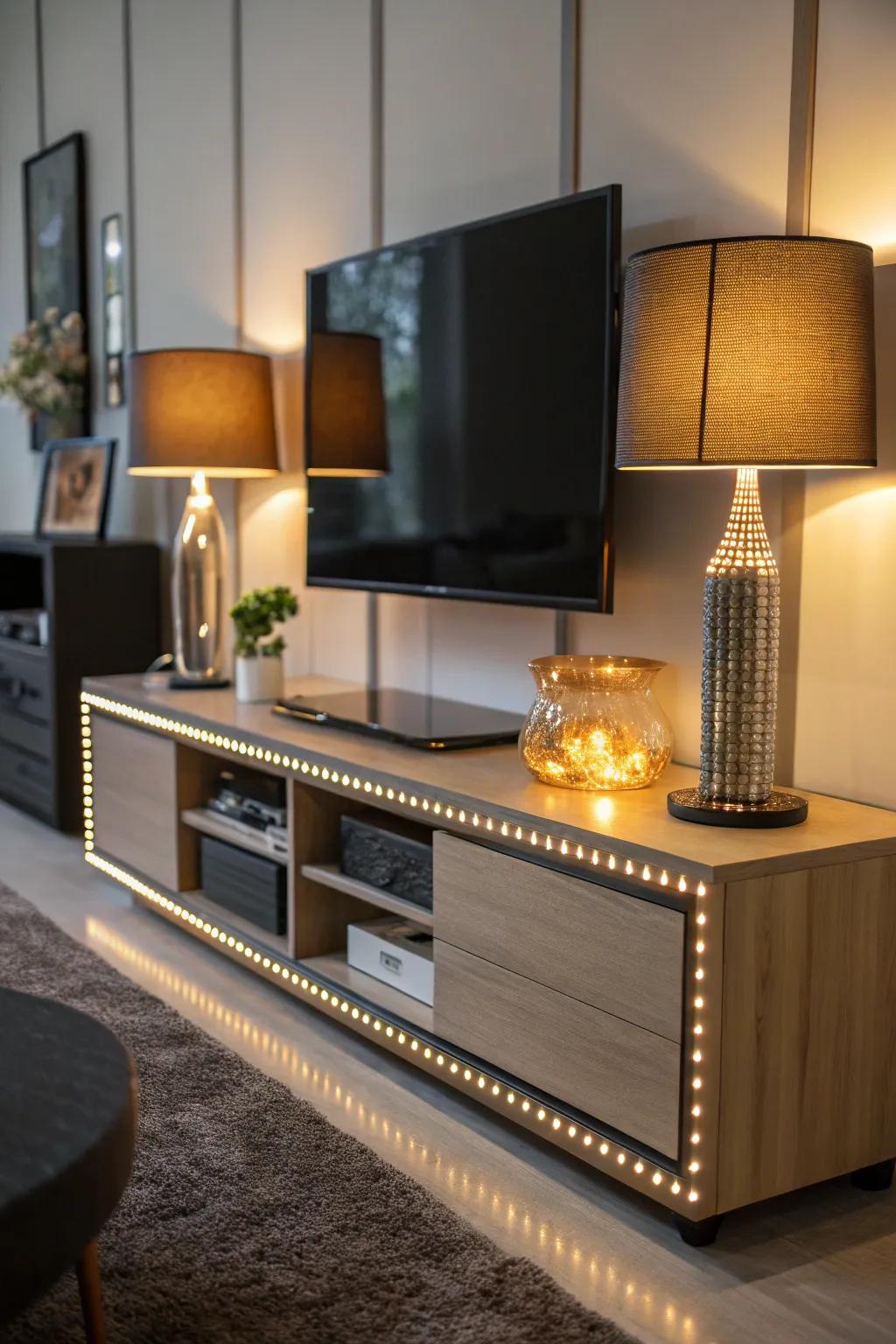 Coordinated lighting elevates the appeal of a media console arrangement.