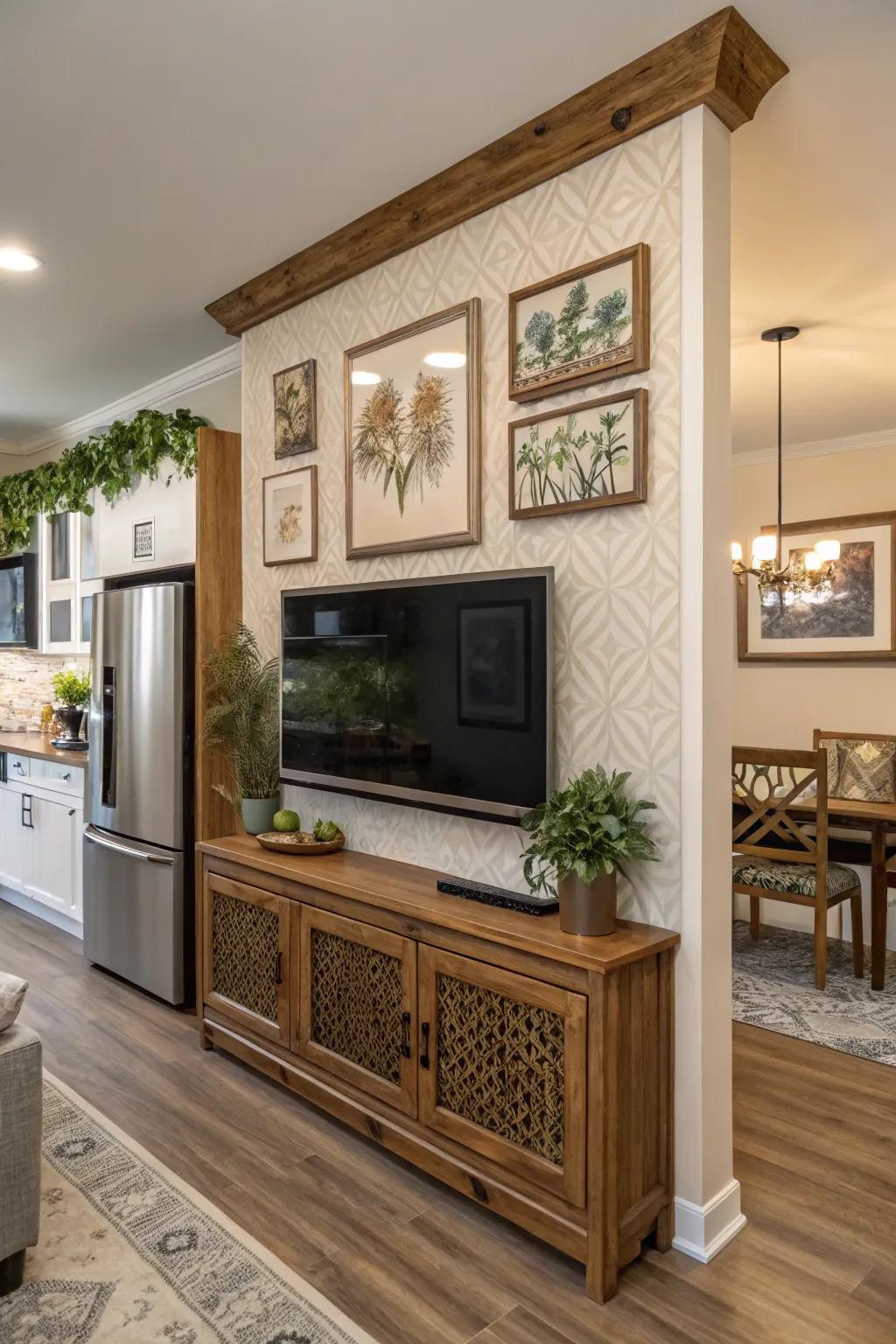 A panel display in the cooking area that functions as art, sustaining a seamless aesthetic.