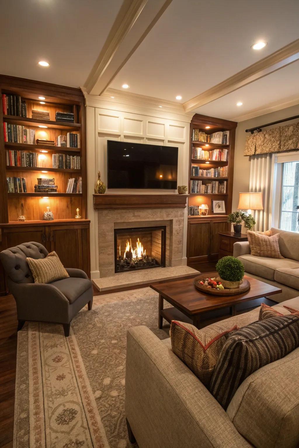 A fireplace brings warmth and serves as a central point in any TV room.