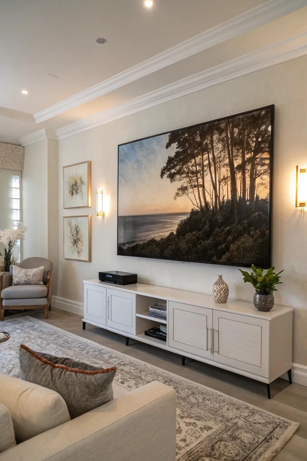 Conceal your TV with artistic pieces for a seamless appearance.