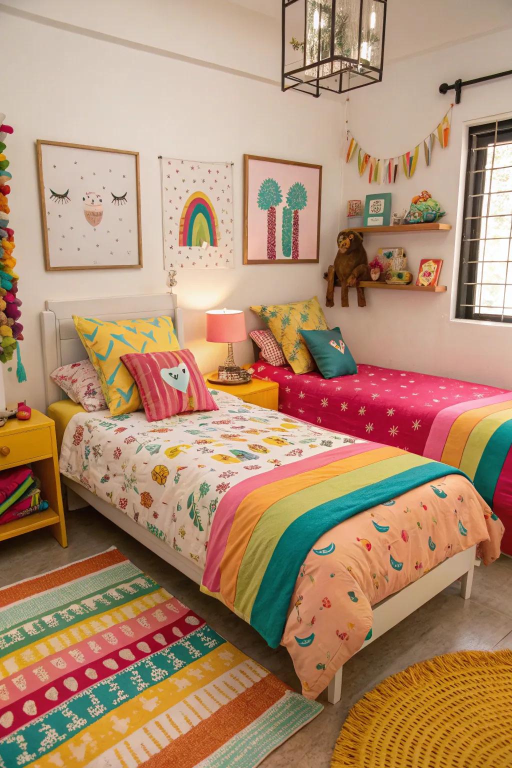 A vibrant accent injects vitality and flair into twin bed arrangements.