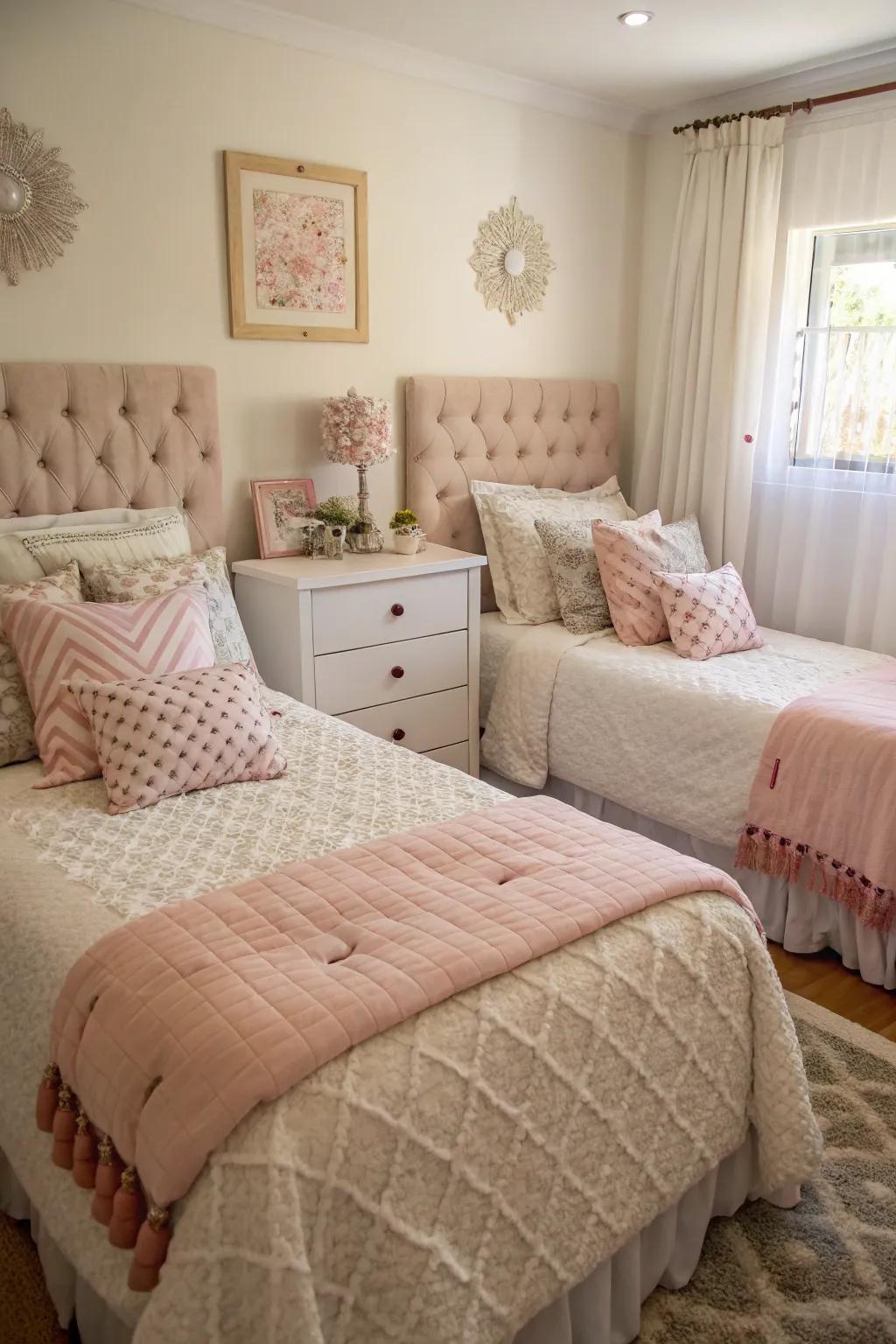 Pillows add coziness to the twin bedroom.