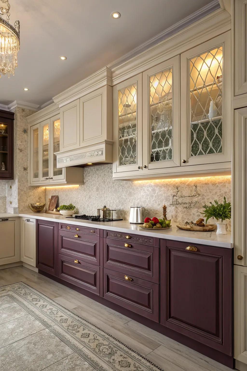 Sophisticated amethyst and buttercream cabinets for an elegant kitchen.