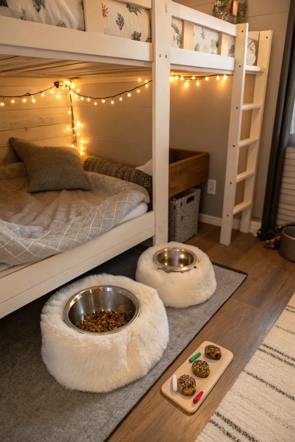 A cozy pet retreat beneath the bunk bed.