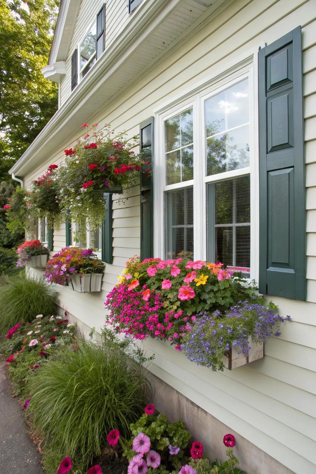 Window boxes add an enchanting and high-set dimension to window vistas.