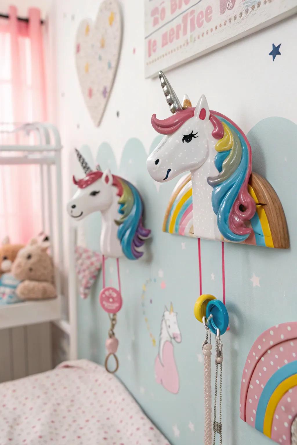 Magical creature hooks add functional whimsy to the decor.