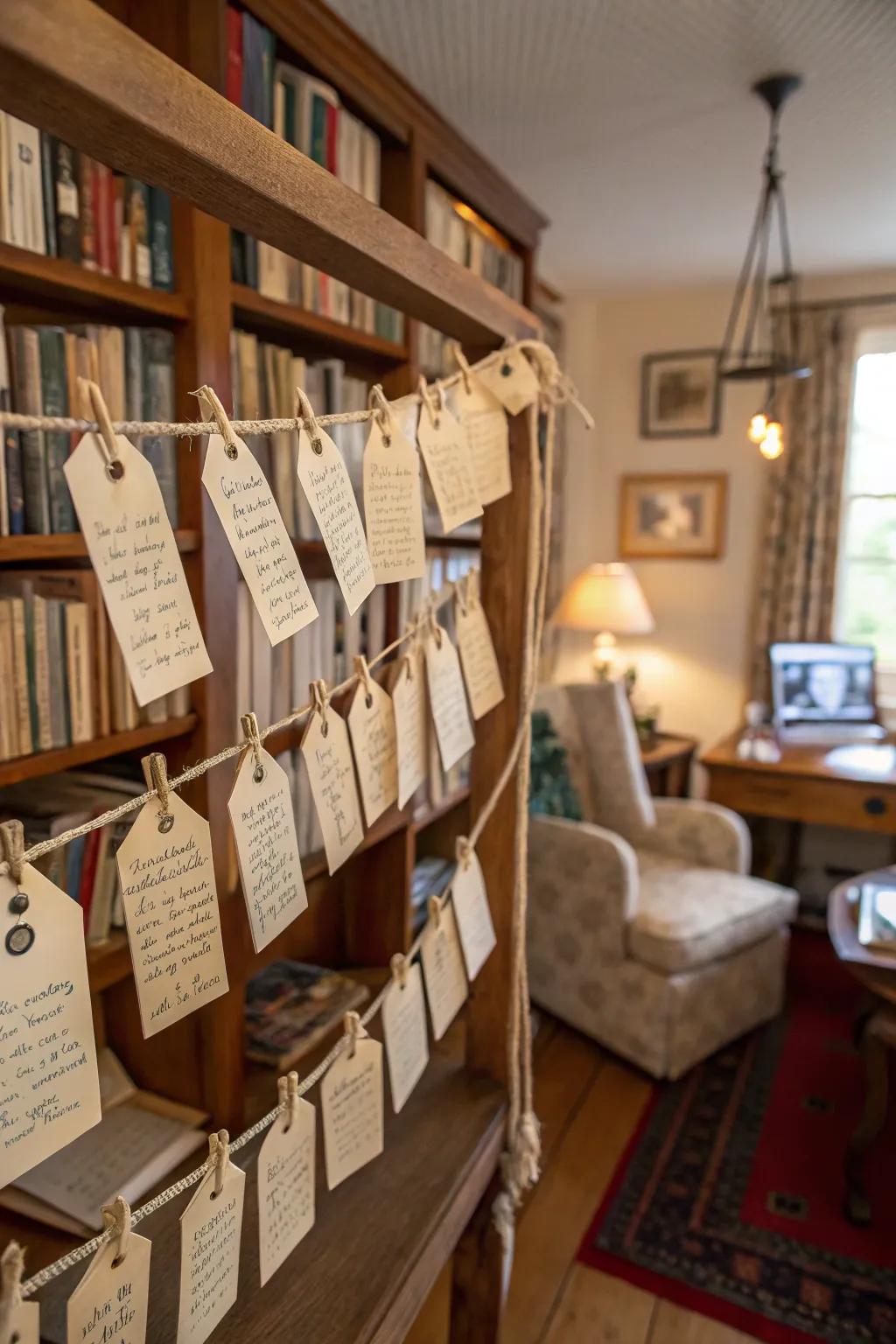 Guests leave messages on vintage typewritten labels.