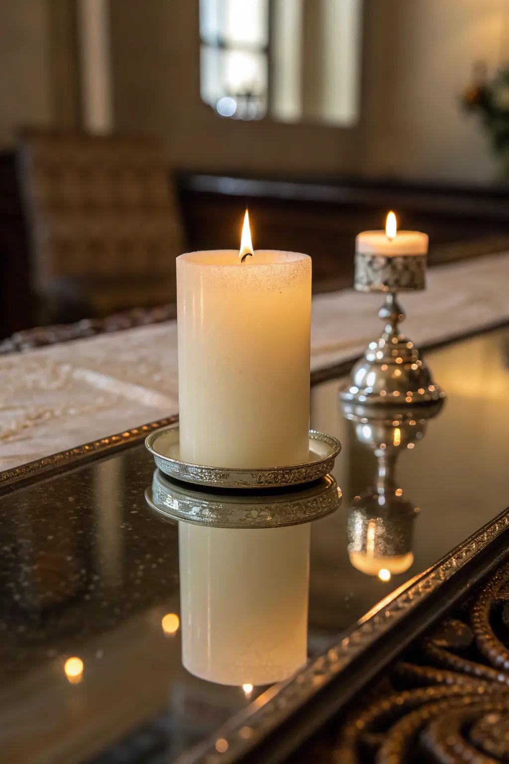 Reflective accents amplify the radiance of the unity candle.