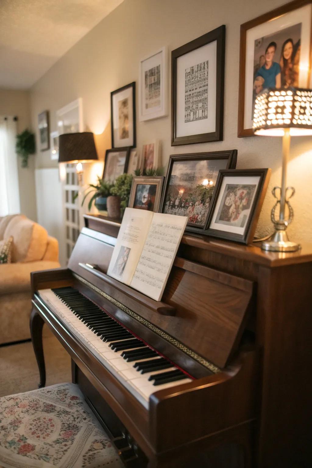 A cozy home featuring an upright piano embellished with personal portraits and quotes.