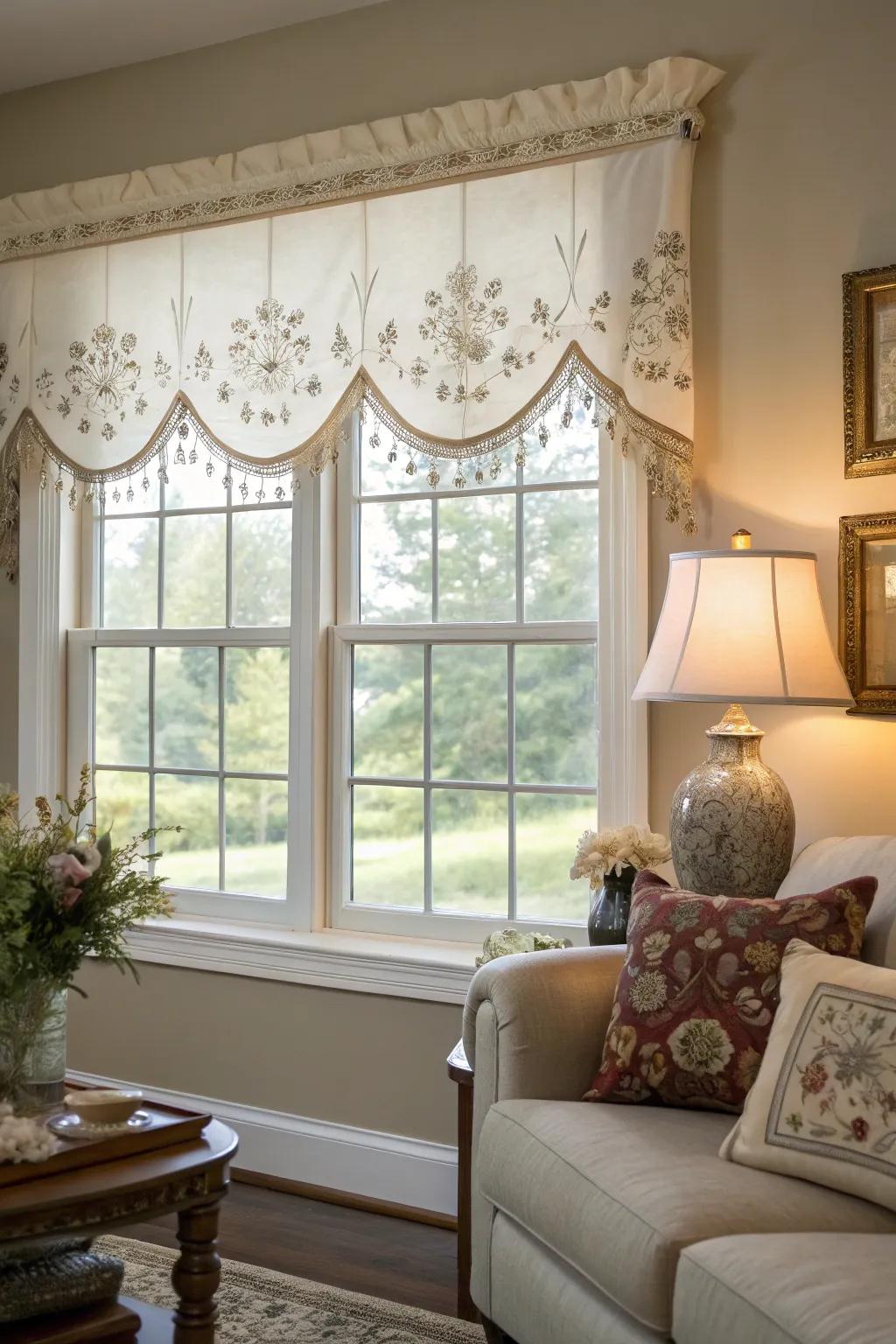 A window displaying a needlework embellishment topper in an artful living space.