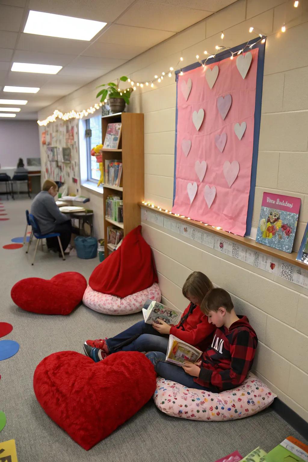 A snug reading nook for Valentine's Day storytelling.
