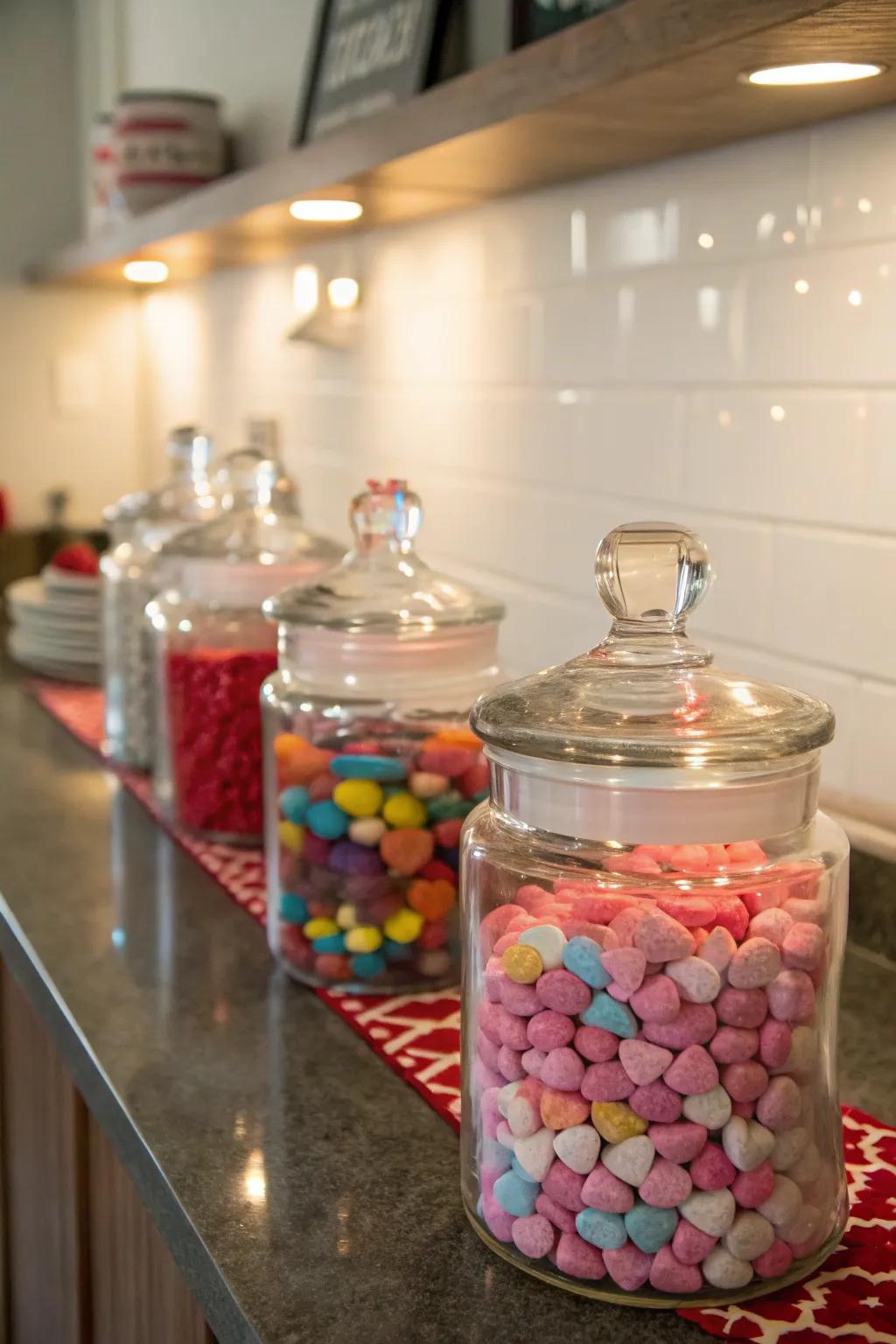 Produce a sweet treat display with nectar jars for a celebratory flair.