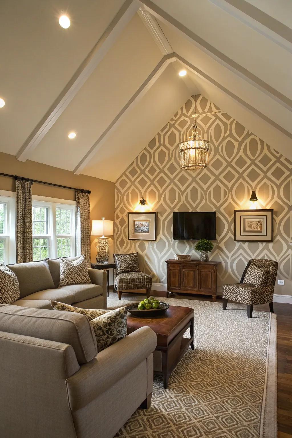 Living room featuring a vaulted ceiling and symmetrical layout accent wall