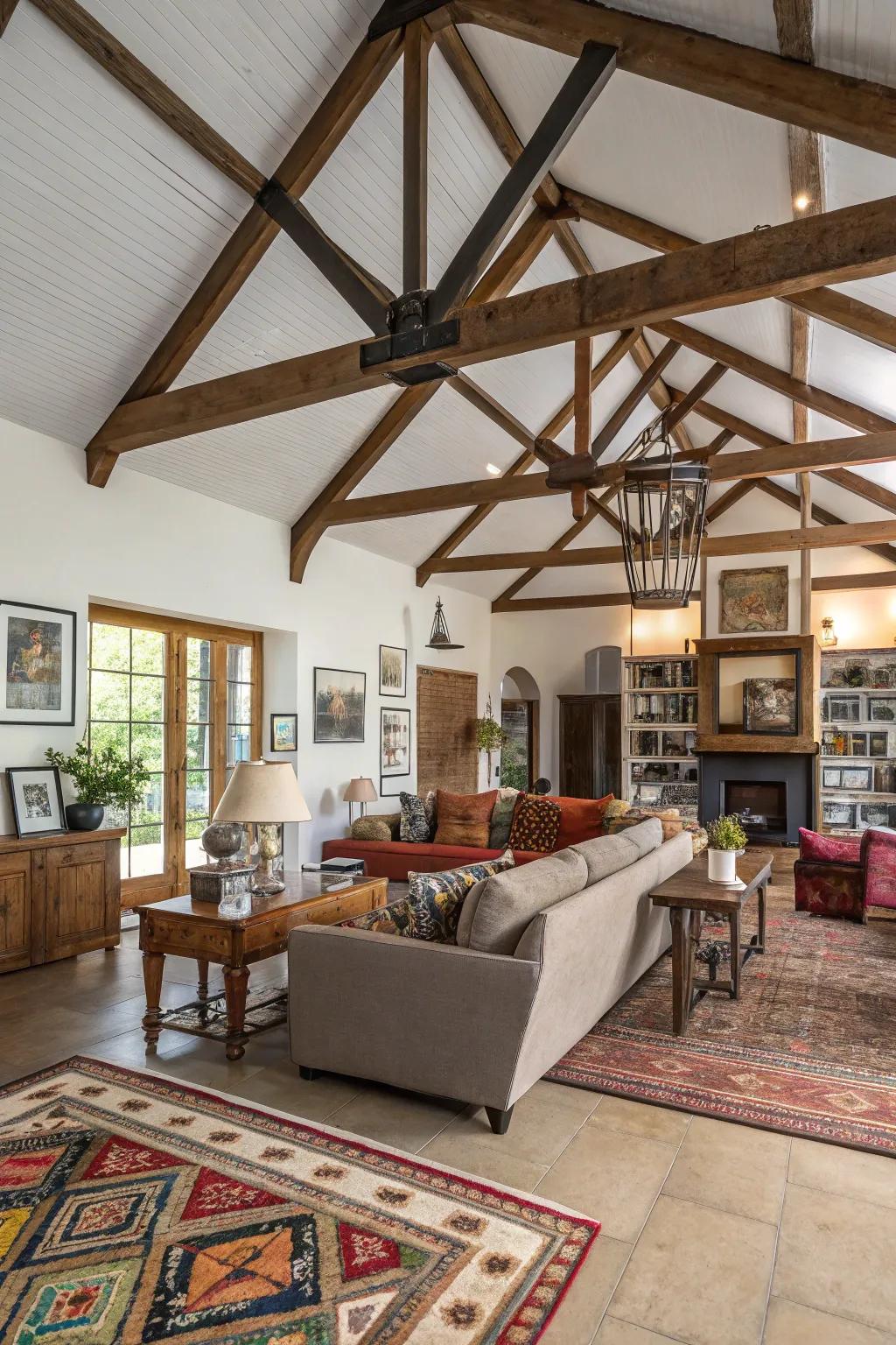 An eclectic mix of materials creating a unique vaulted ceiling design.