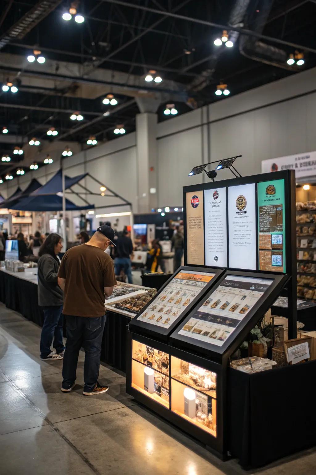 Electronic displays adding a dynamic aspect to the booth.