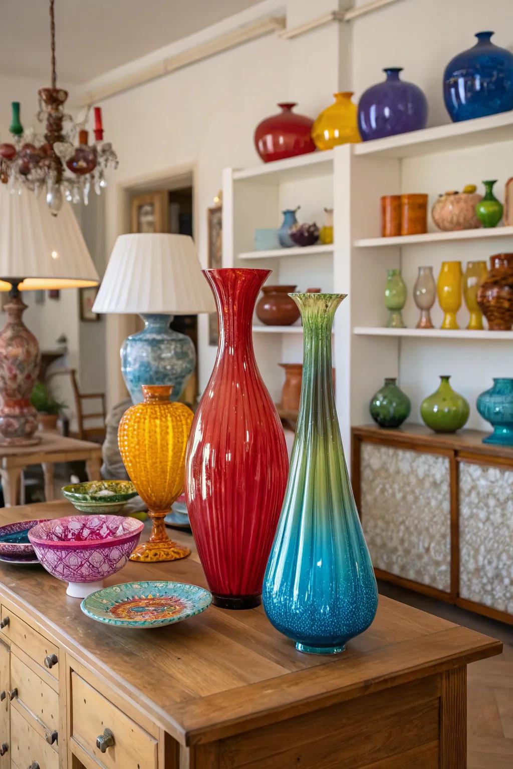 Murano glass embellishments introduce color and artistry to the room.