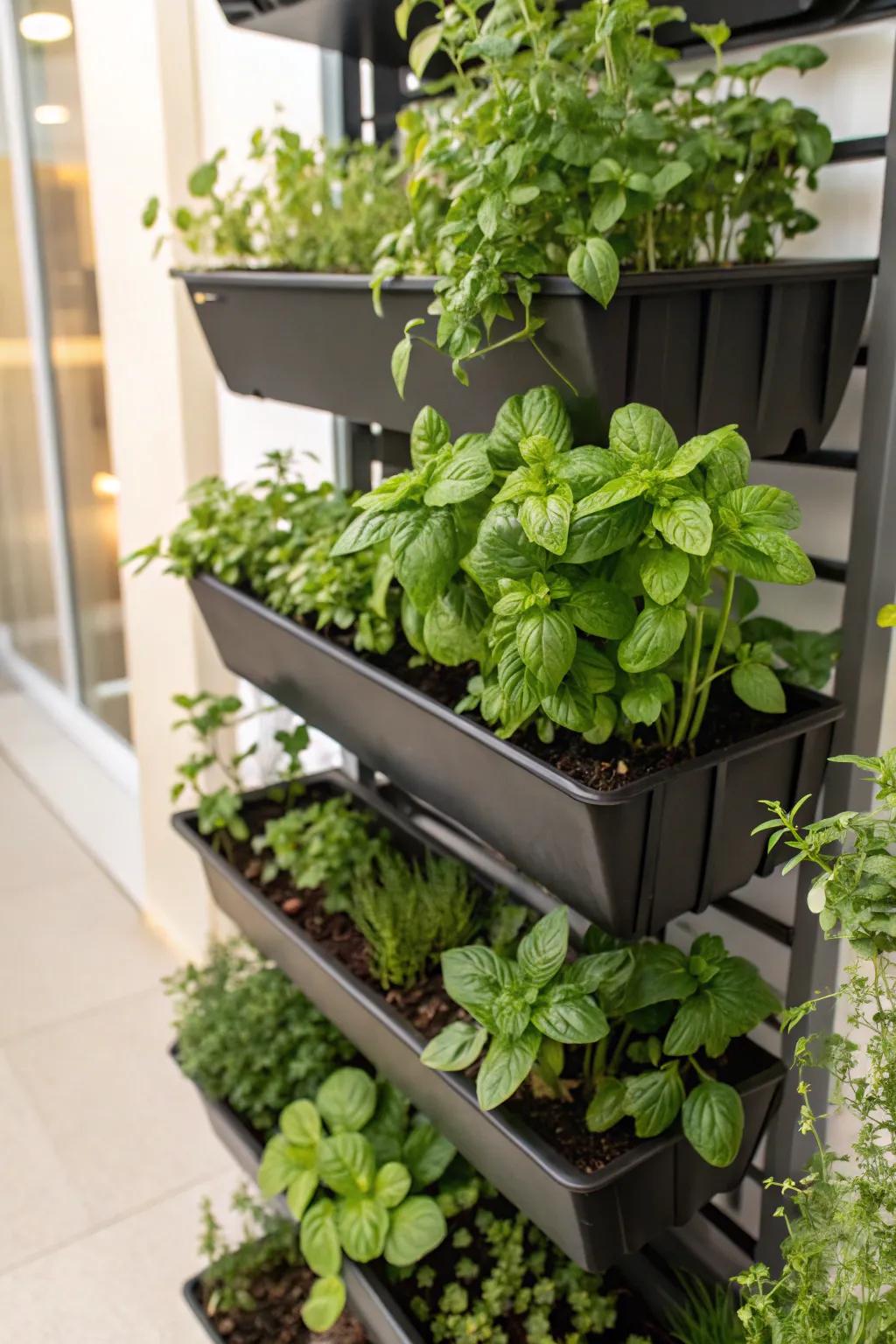 An upright garden brimming with functional herbs, such as basil and mint.