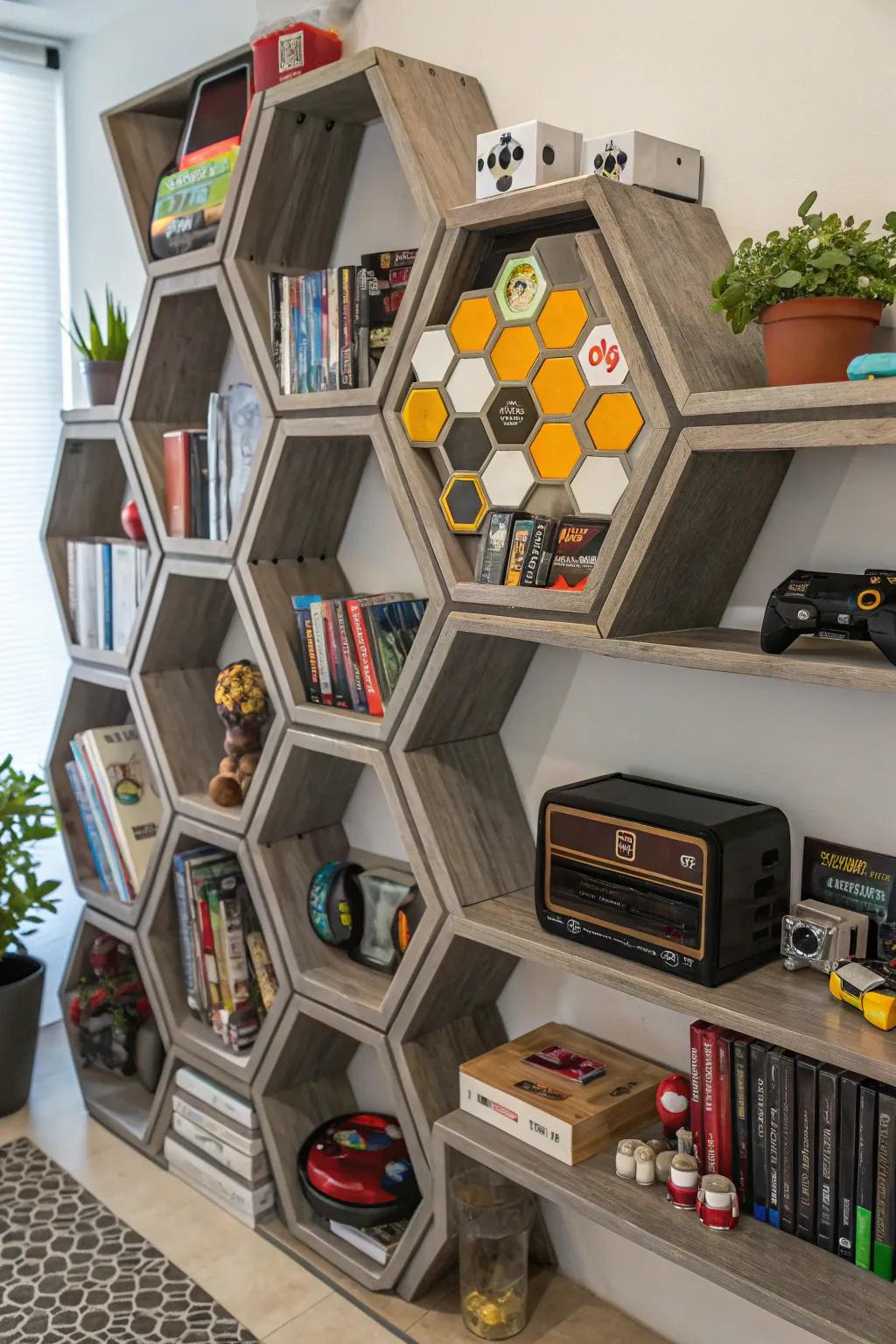 Geometric shelves contributing an artistic touch intended for video game storage.