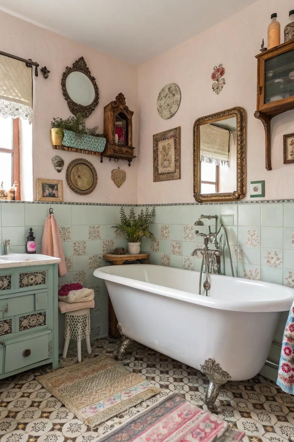 Eclectic accessories introduce a personal touch to vintage bathrooms.