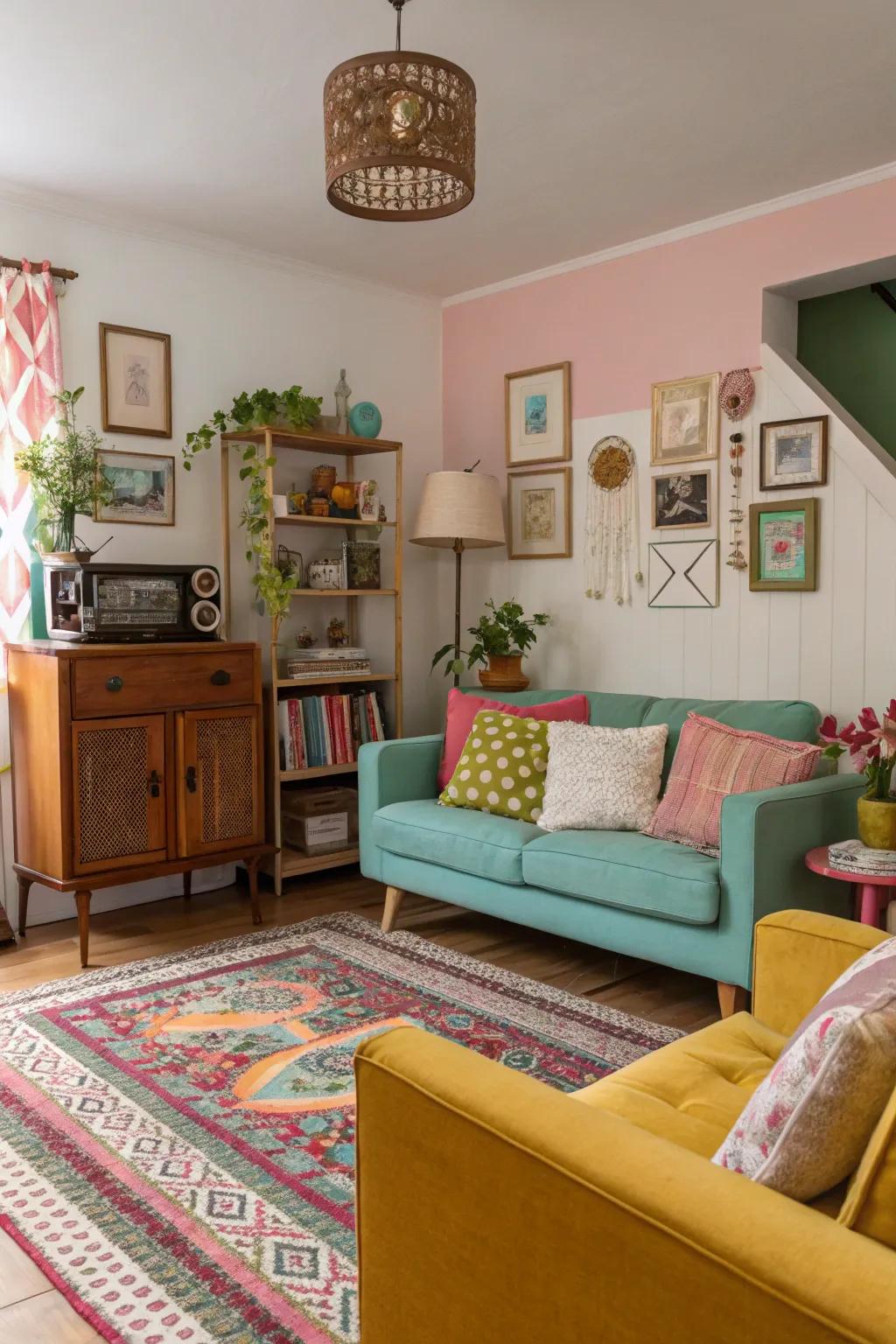 A living room featuring a varied color palette with vintage décor.