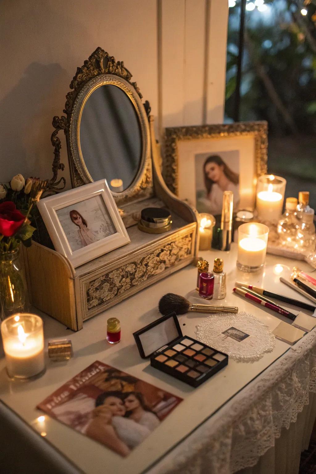 Personal touches like photographs and candles add warmth to your vanity.
